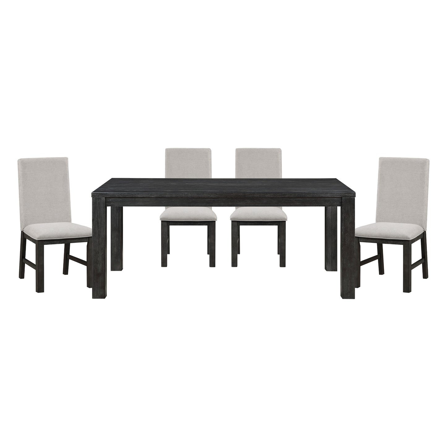 Dark wood dining table set with four upholstered chairs