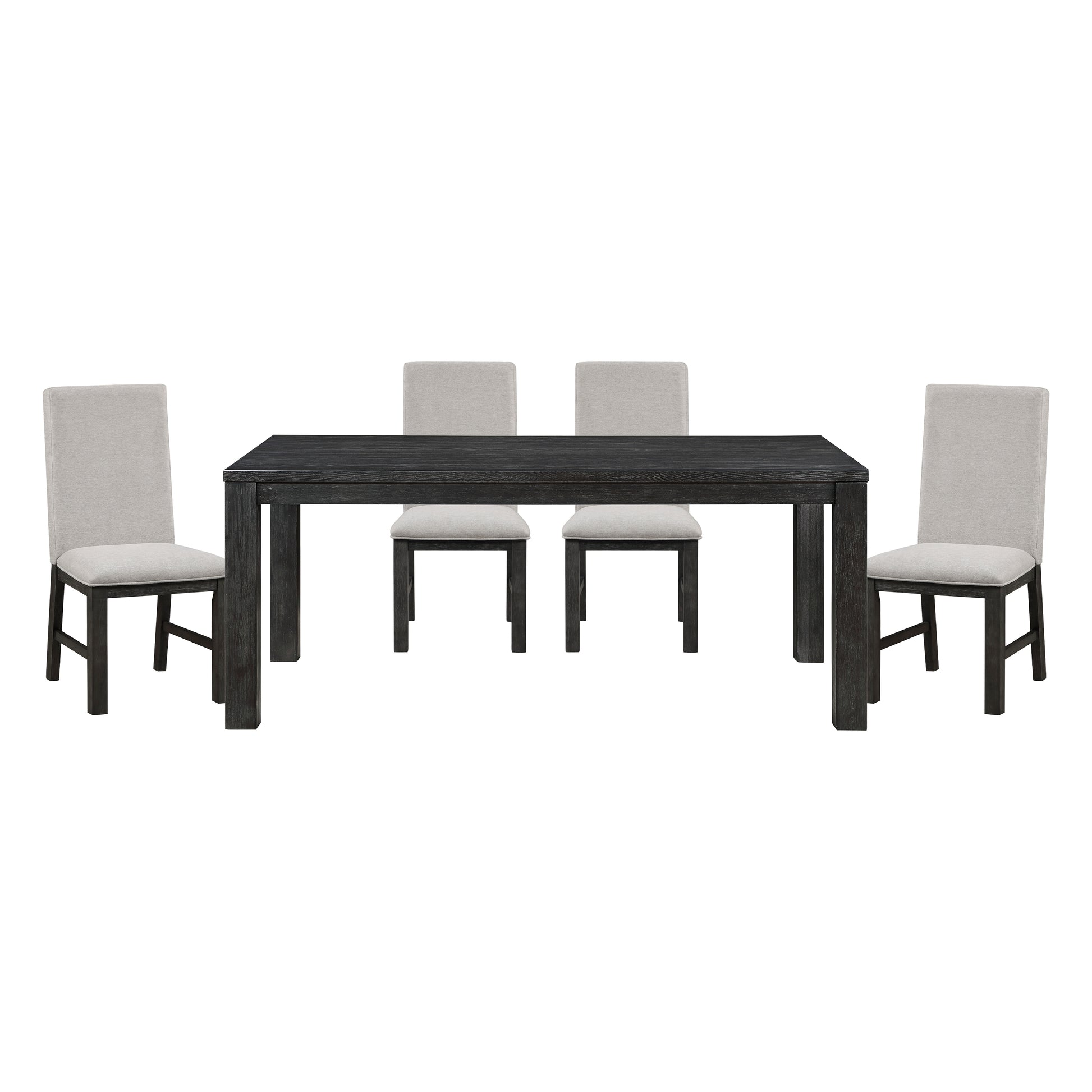 Dark wood dining table set with four upholstered chairs