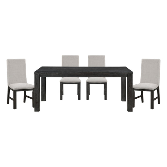 Dark wood dining table set with four upholstered chairs