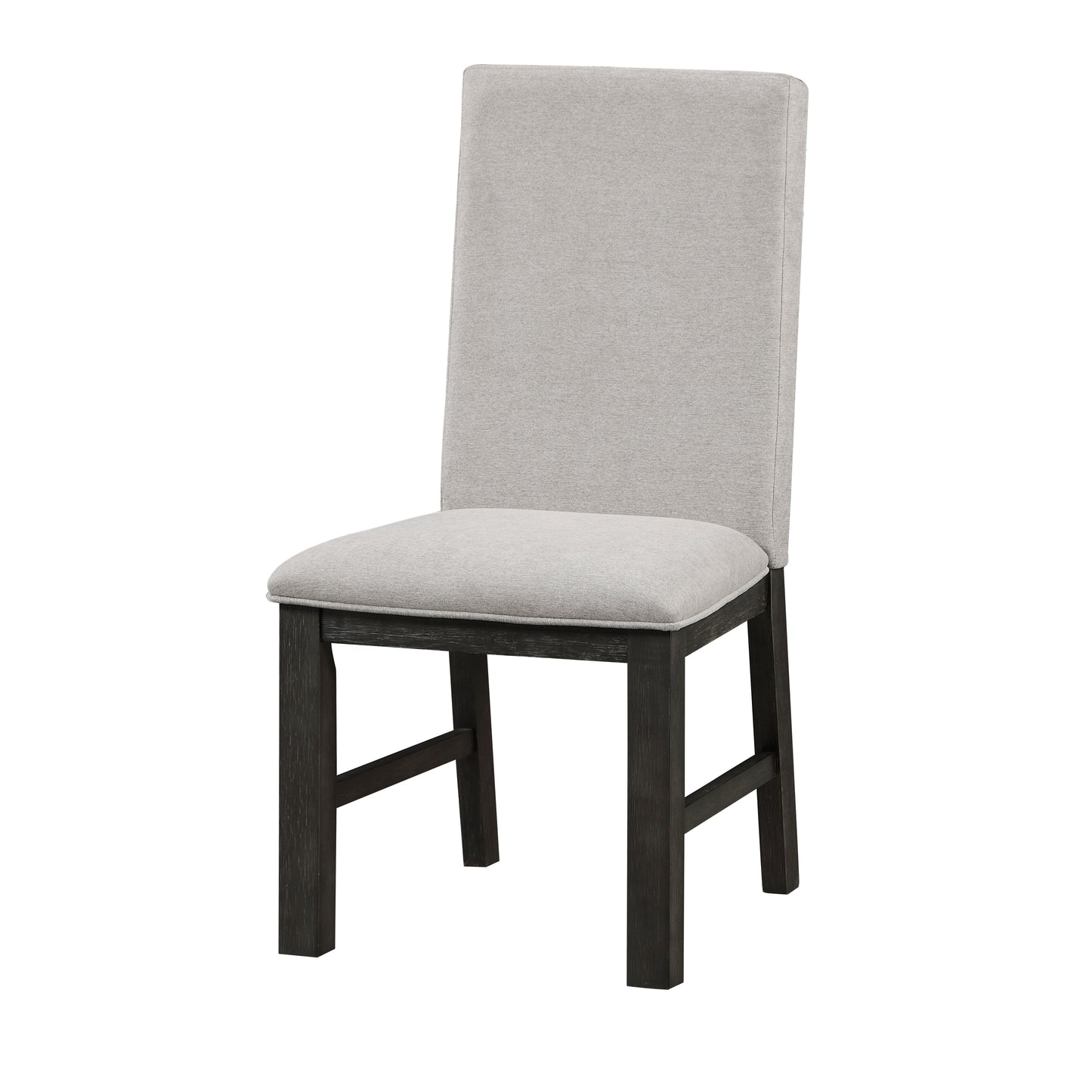 Upholstered dining chair with light grey fabric and dark wood legs