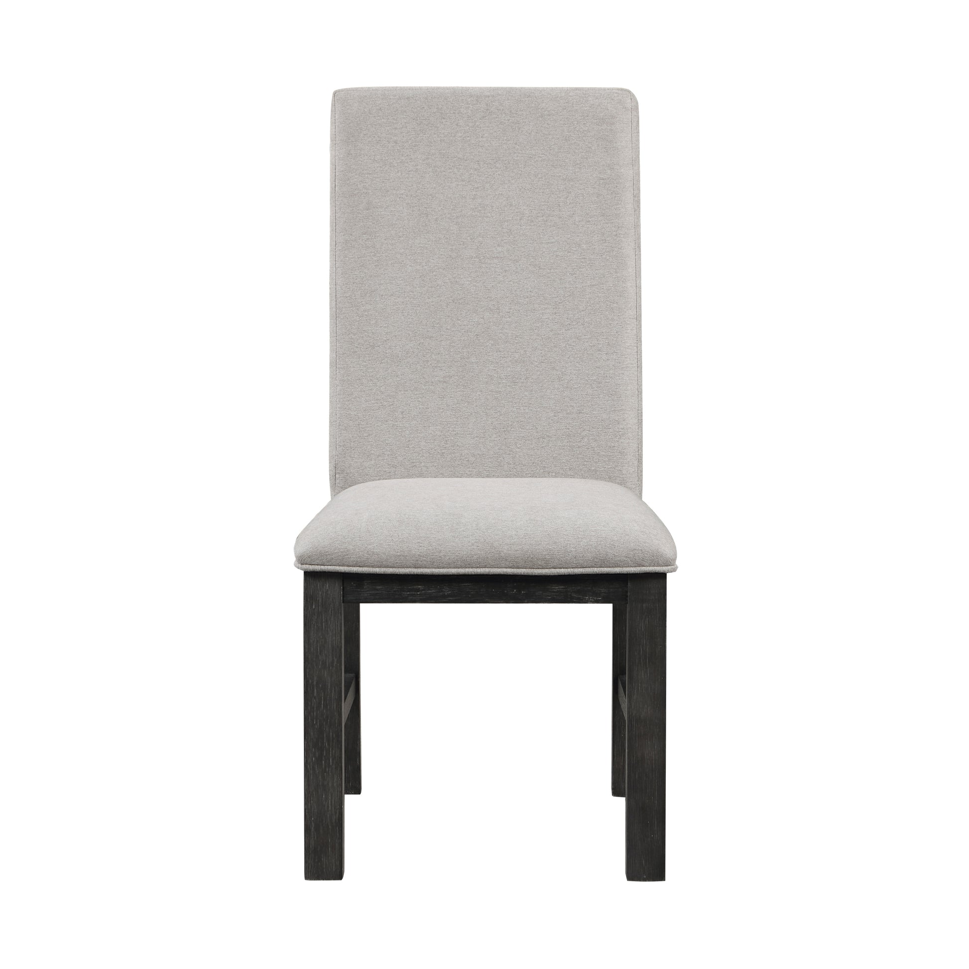 Light gray upholstered dining chair with dark wood legs