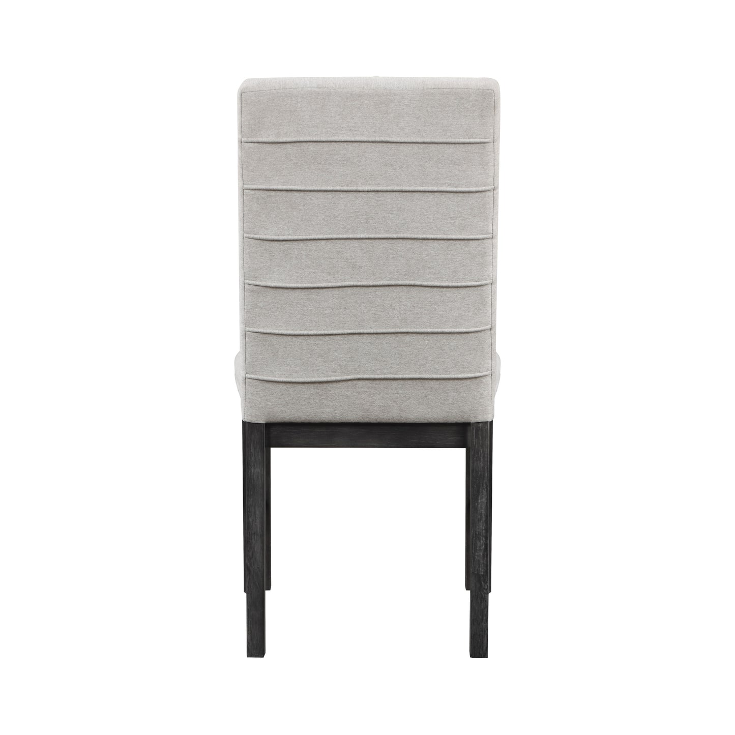 Back view of a grey upholstered dining chair with channel tufting and dark wood legs
