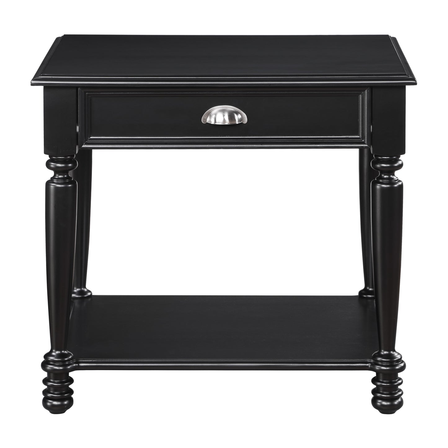 Black wooden end table with one drawer and lower shelf