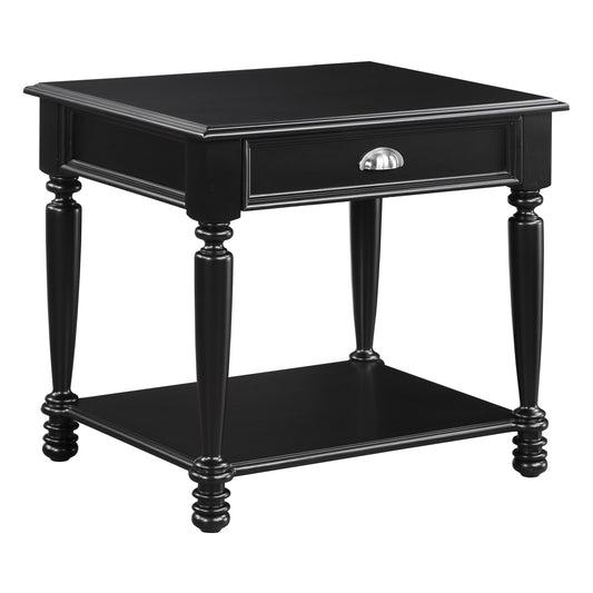 Classic black wooden end table with one drawer and silver knob