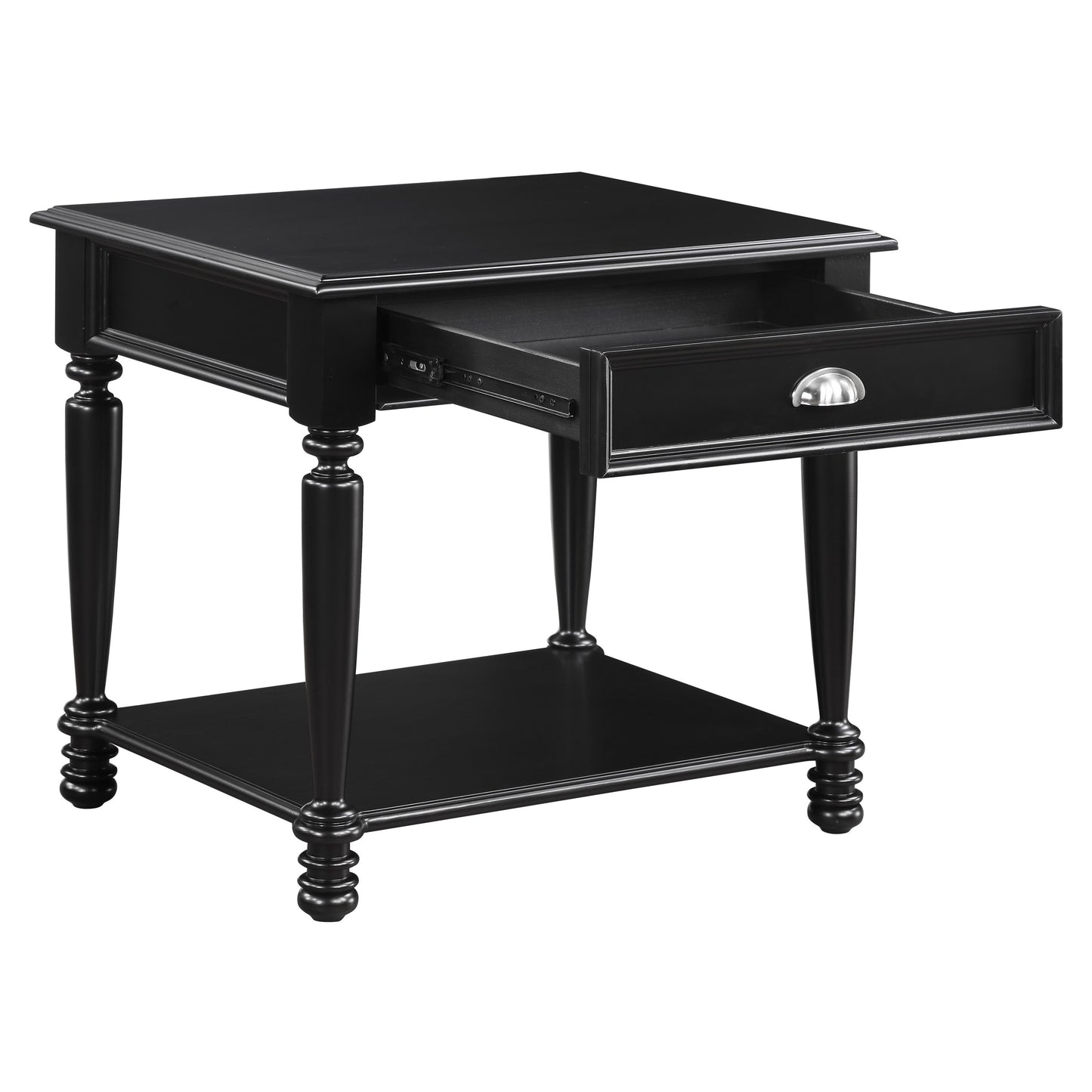 Black wooden end table with drawer open and metal cup pull