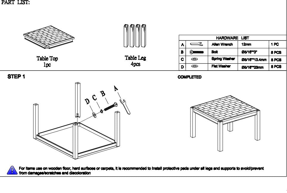 Assembly instructions diagram for a square side table showing parts and steps