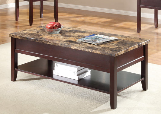 Dark brown lifttop coffee table with faux marble top and lower shelf