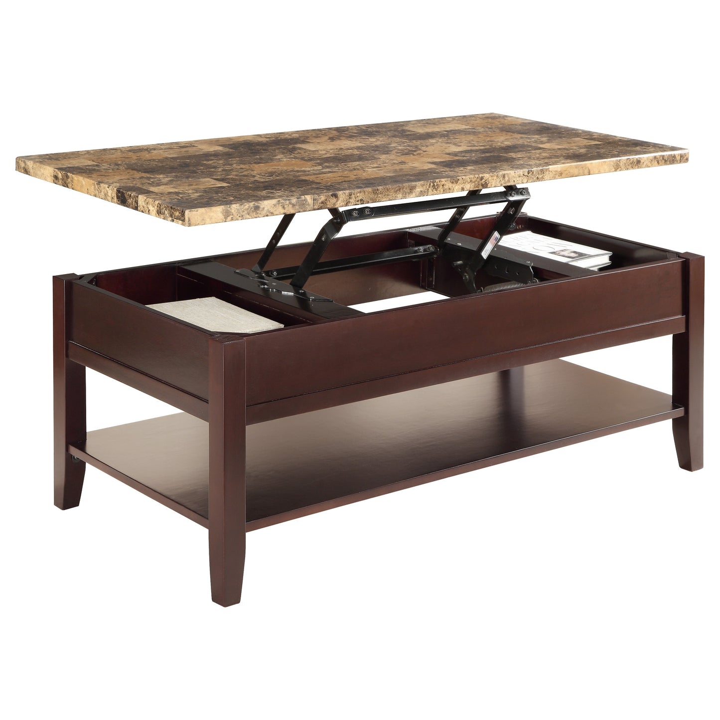 Dark brown lift top coffee table with marblelook top and storage shelf