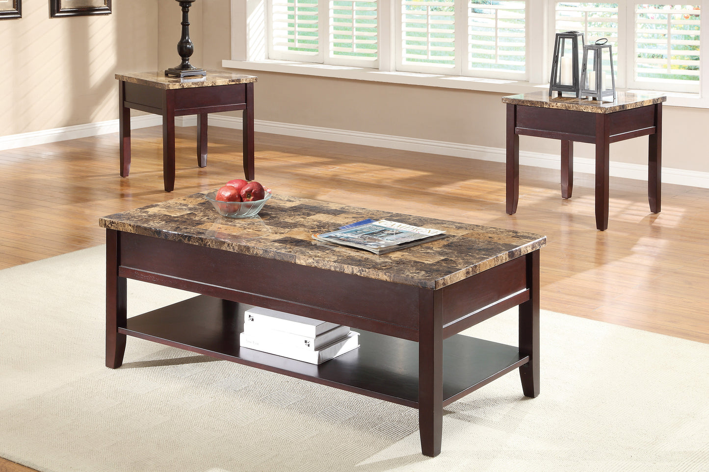 Dark cherry lifttop coffee table with marblelook top and lower shelf