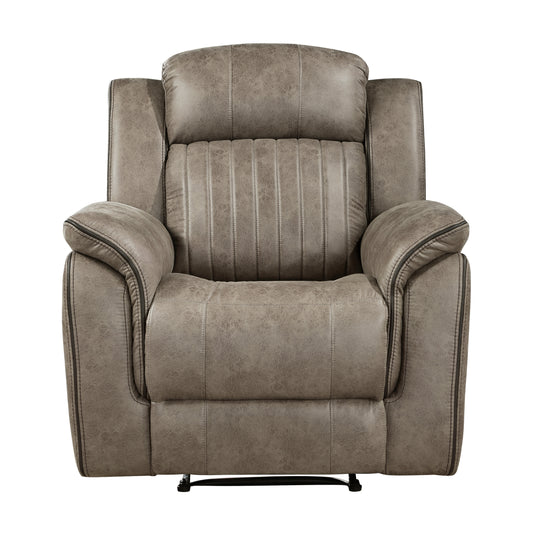 Taupe faux leather recliner chair with stitched detailing and padded arms