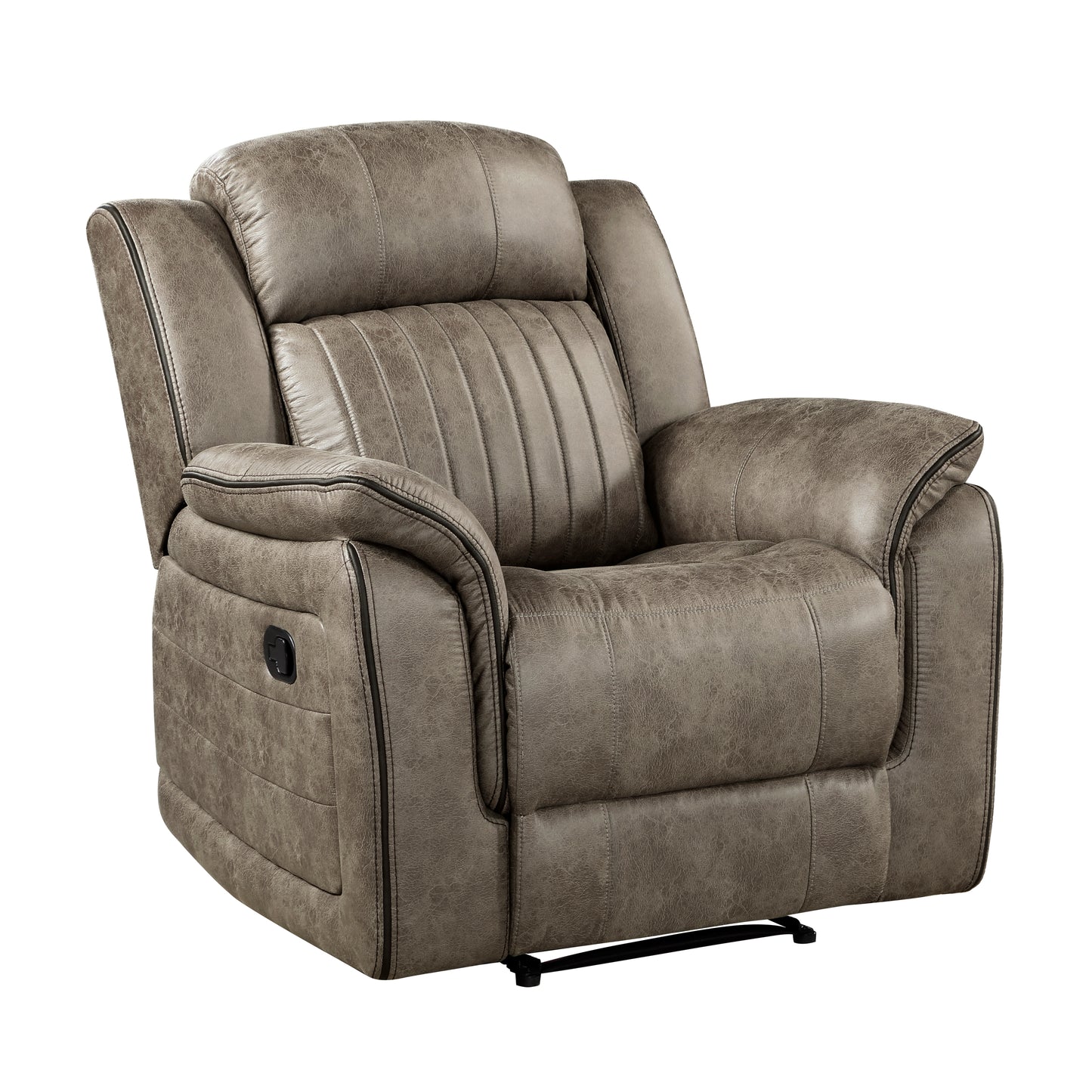 Taupe faux leather power recliner with piped stitching and plush cushioning for ultimate comfort