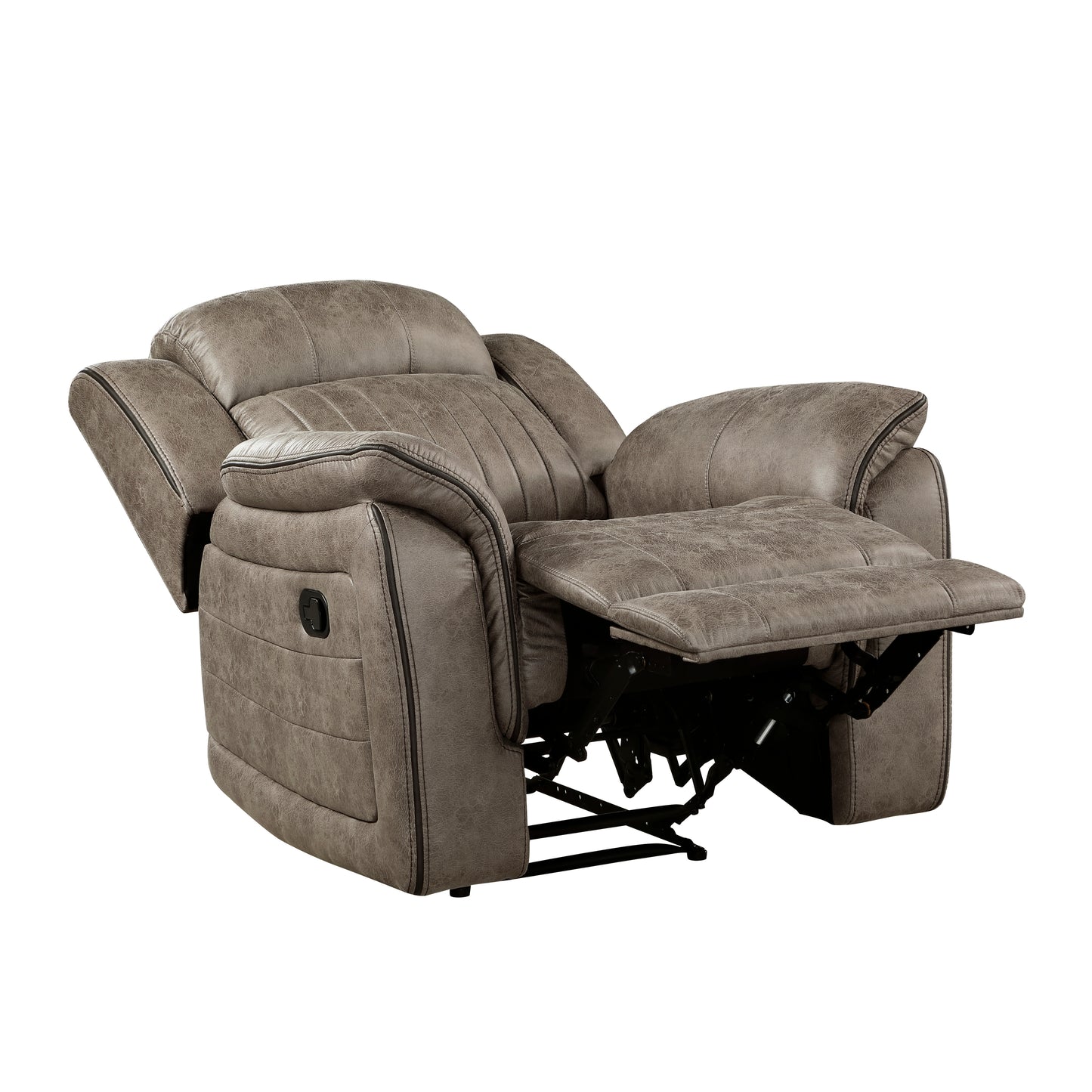 Gray faux leather recliner chair with plush cushioning and reclining footrest