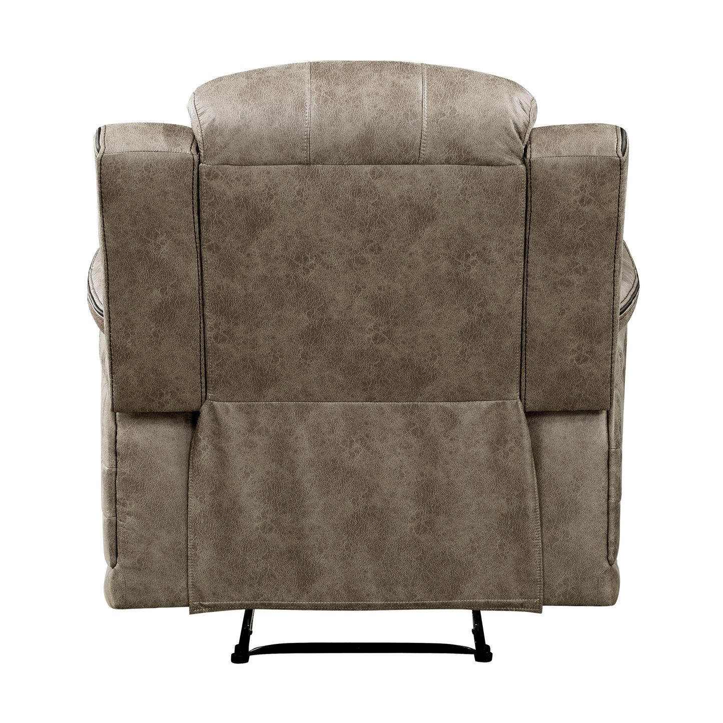 Rear view of a taupe faux leather recliner chair with detailed stitching and a textured finish