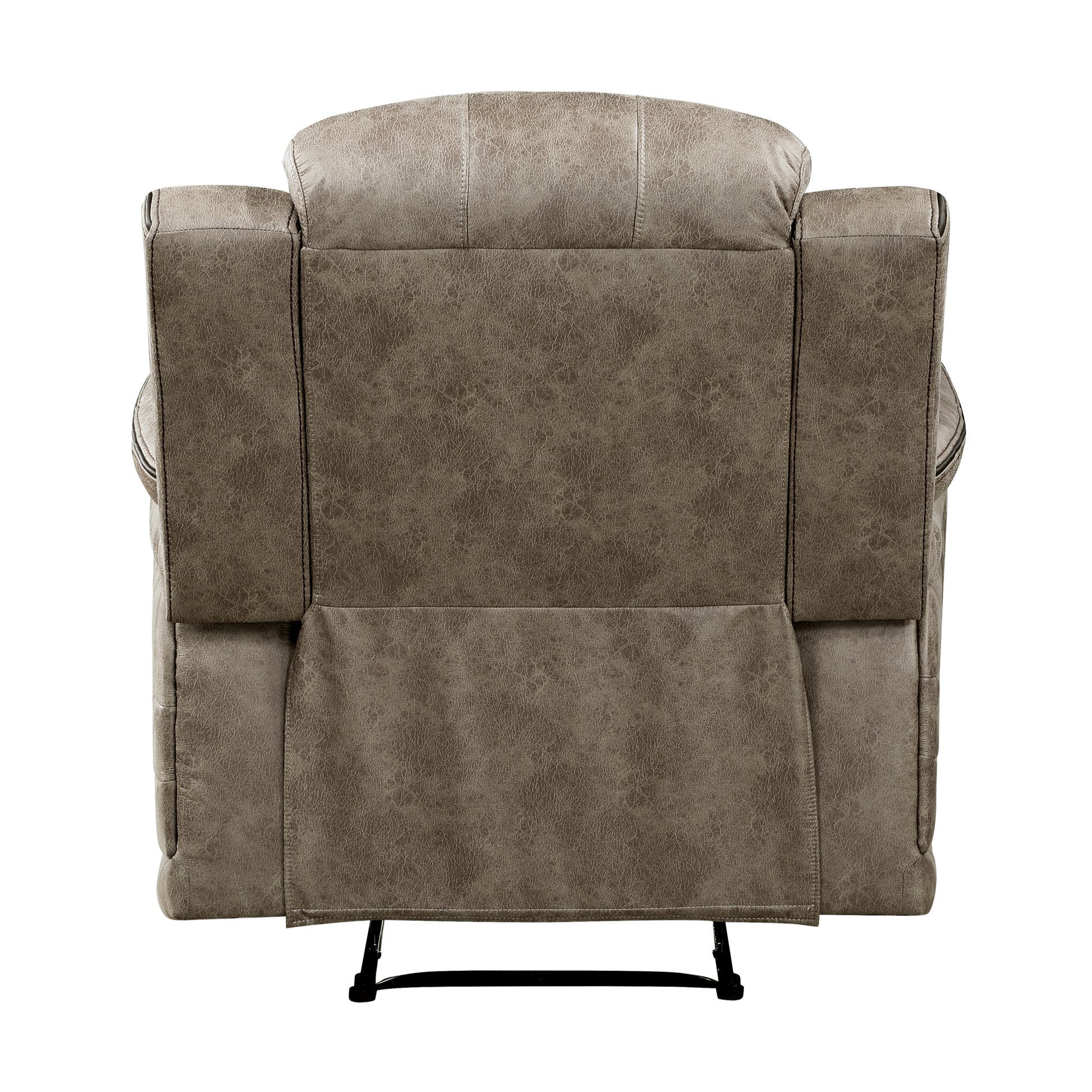 Rear view of a taupe faux leather recliner chair with detailed stitching and a textured finish