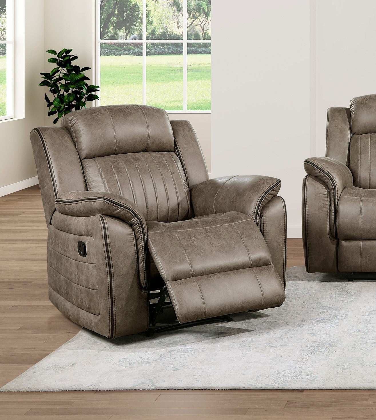 Brown faux leather recliner chair with plush cushioning and reclining footrest