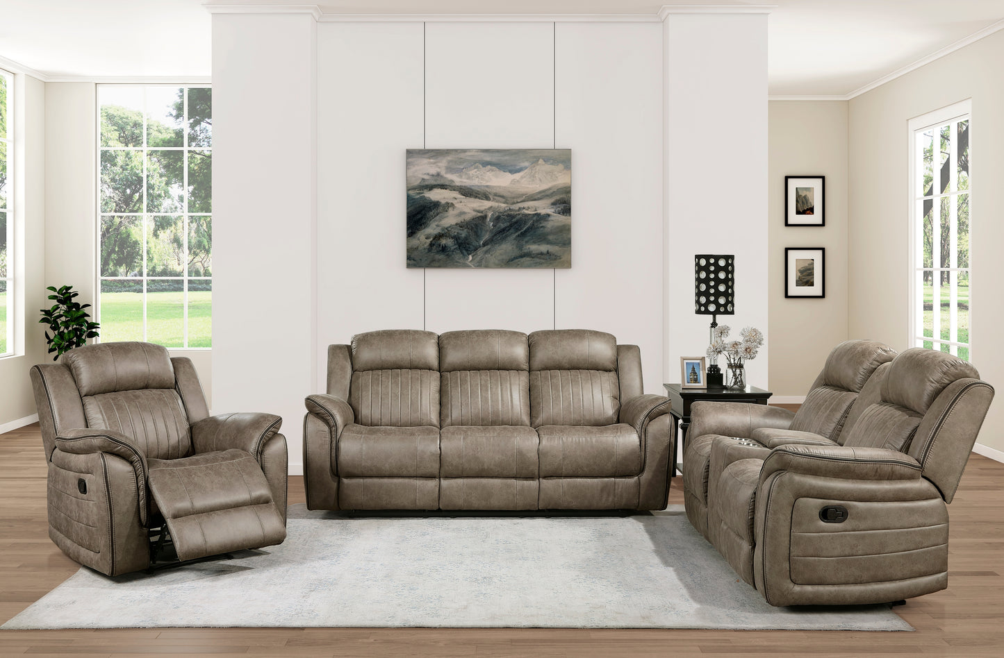 Brown leather recliner sofa with plush cushioning and stitching detail