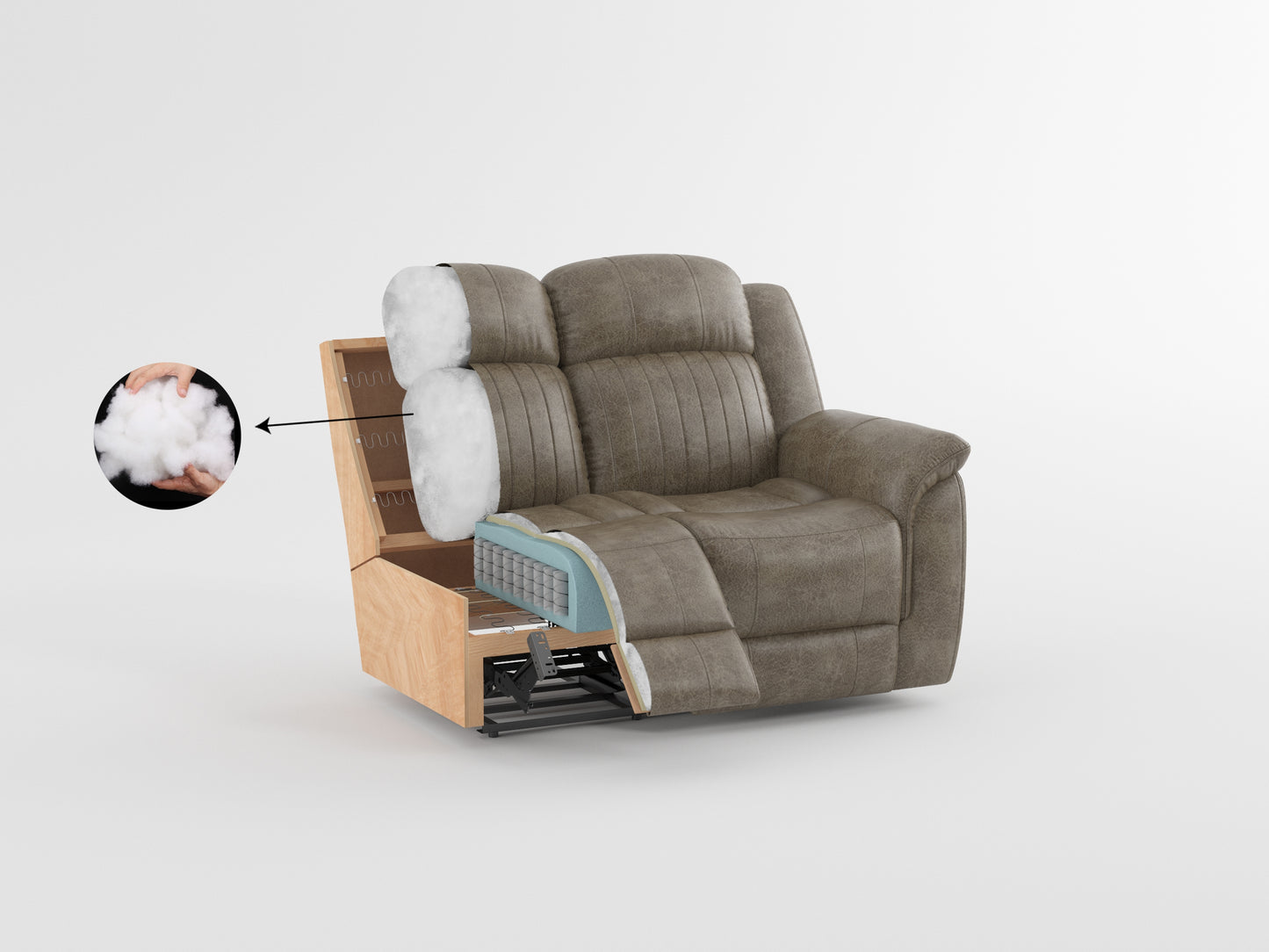 Brown faux leather recliner with cutaway showing plush fiber fill and spring support