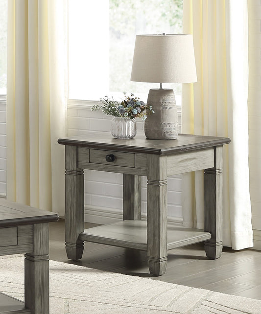 Distressed gray wood end table with drawer and shelf perfect for living rooms