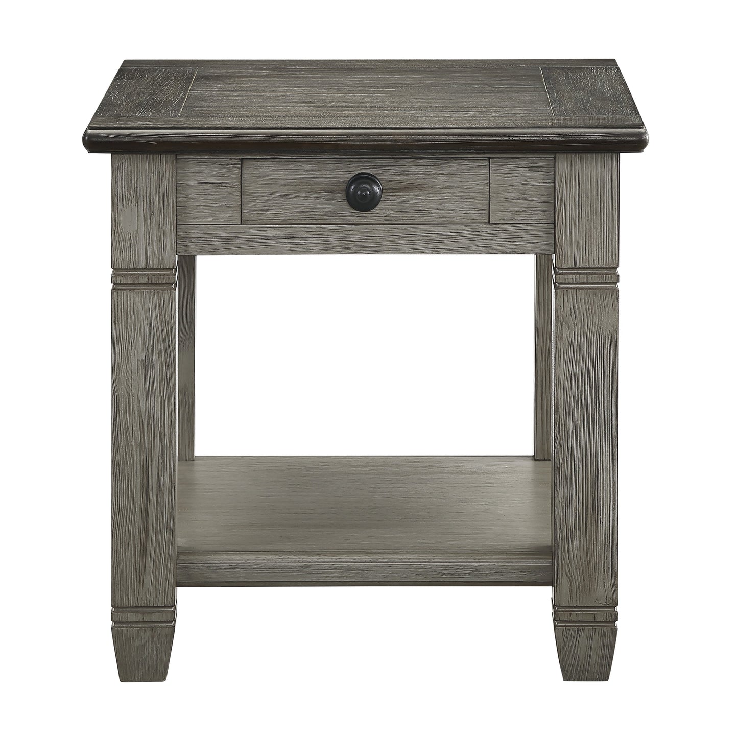 Rustic gray wood nightstand with one drawer and open shelf