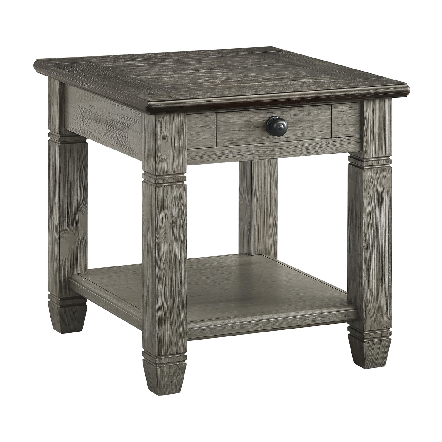 Gray rustic farmhouse end table with drawer and lower shelf perfect for living room