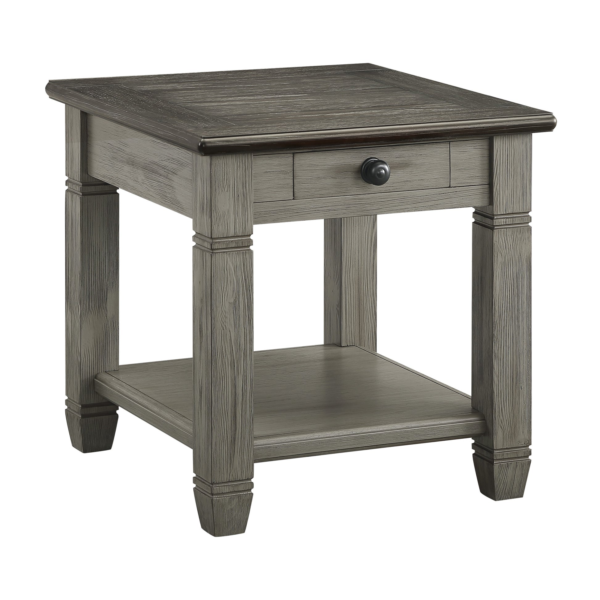 Gray rustic farmhouse end table with drawer and lower shelf perfect for living room
