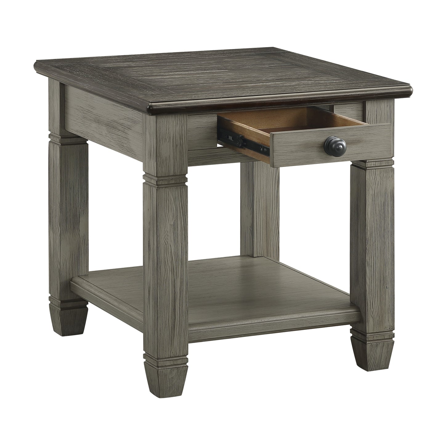 Gray wood end table with one drawer and a lower shelf