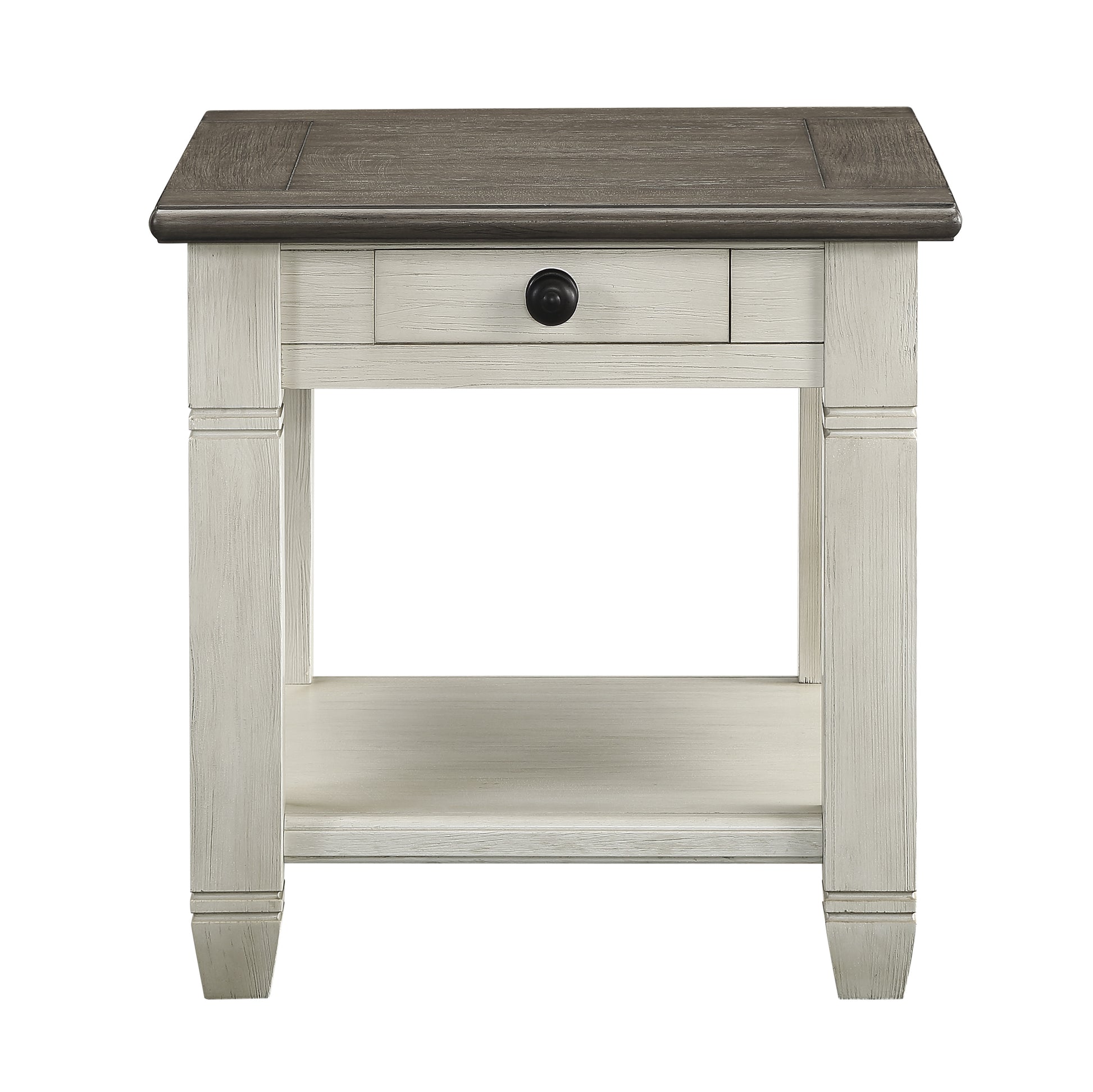 Distressed grey and white wood end table with one drawer and open shelf