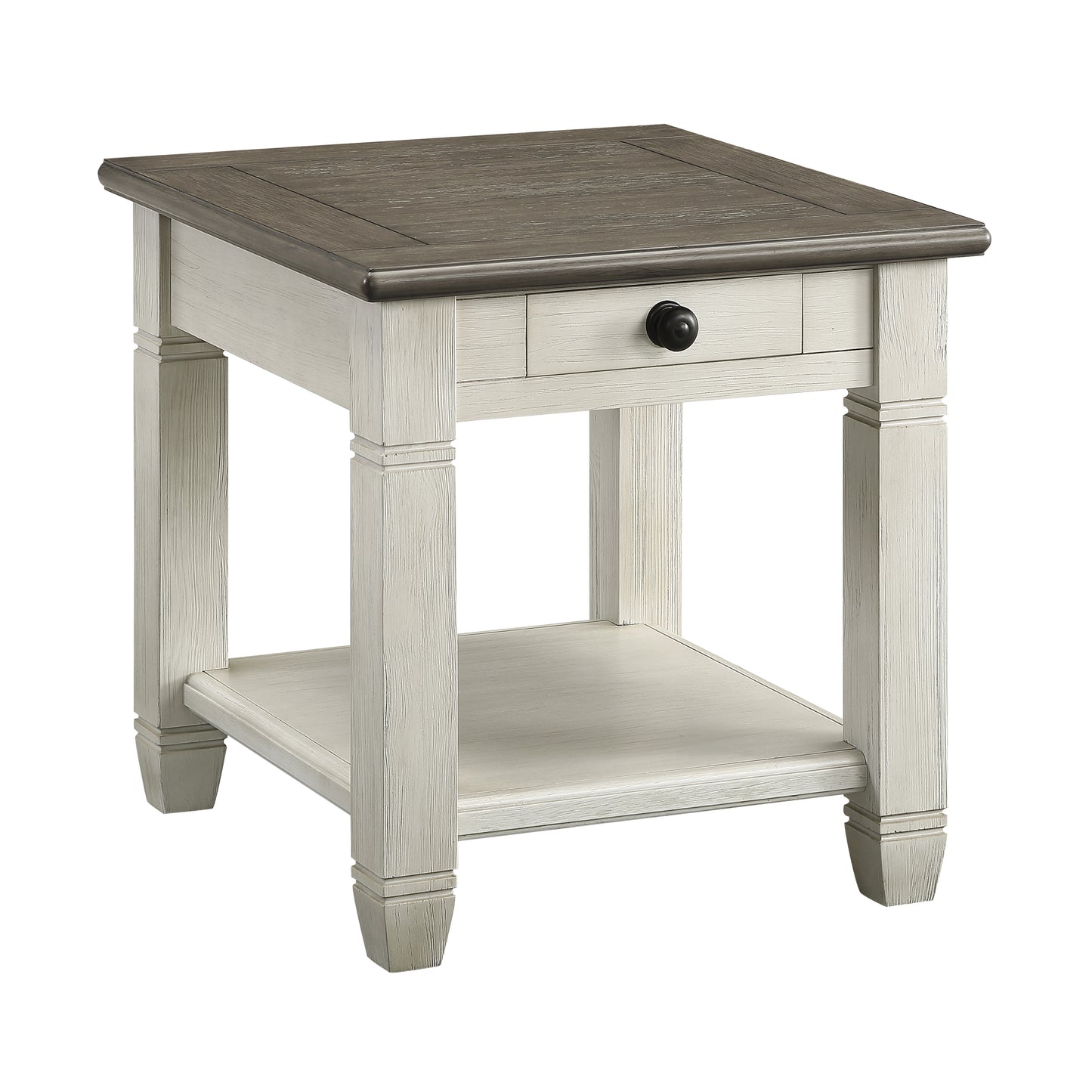 Farmhouse end table with distressed white base drawer and dark wood top