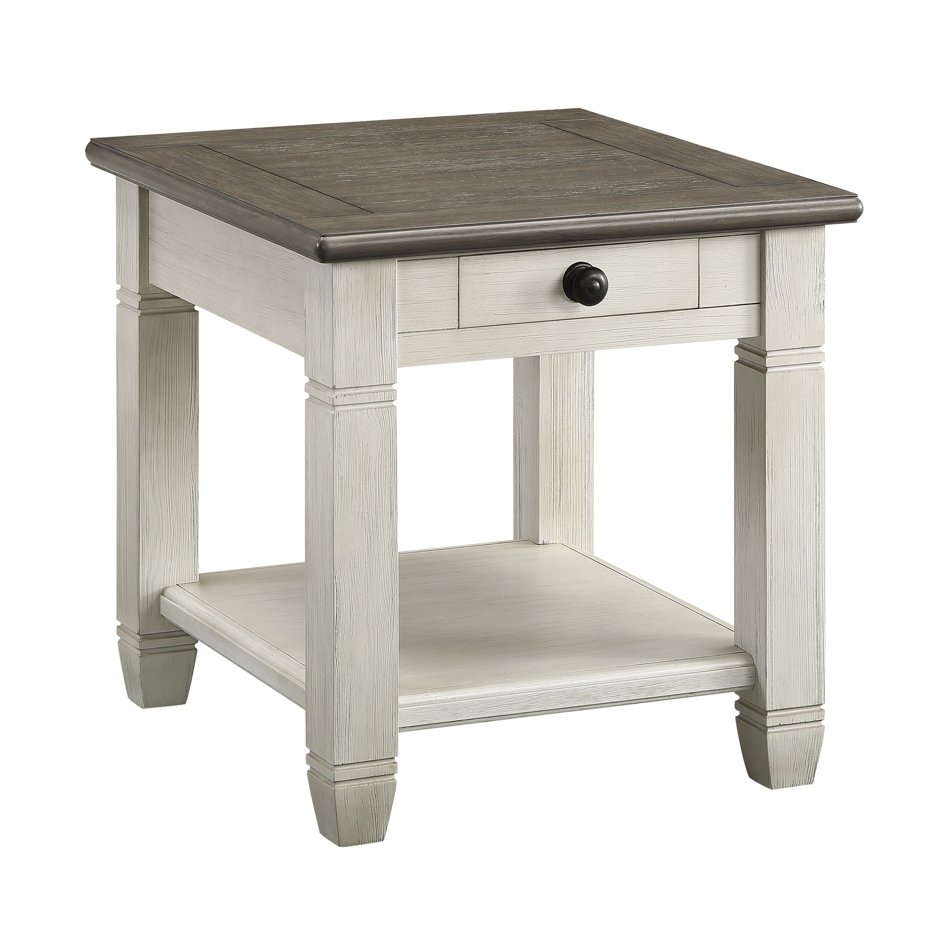 Farmhouse end table with distressed white base drawer and dark wood top