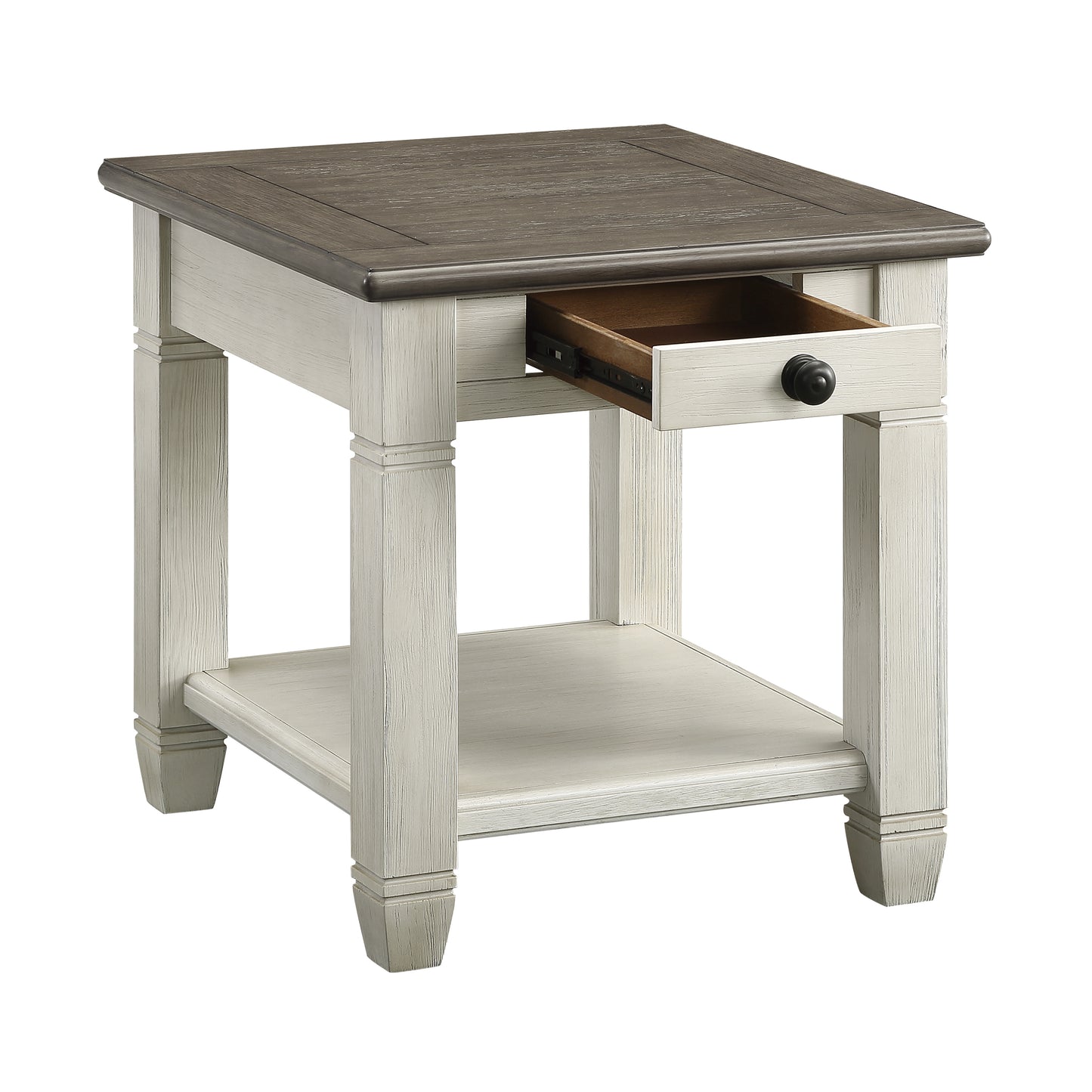 Rustic farmhouse end table with distressed white base and weathered gray wood top