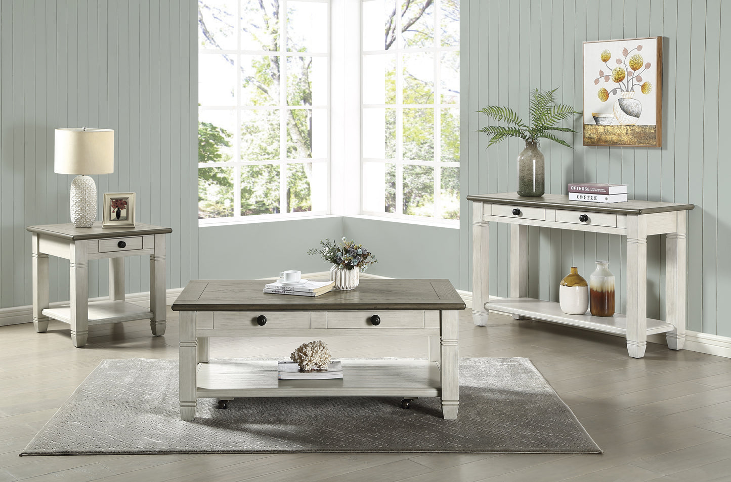 Twotone distressed wood coffee table with storage drawers and a lower shelf perfect for living rooms