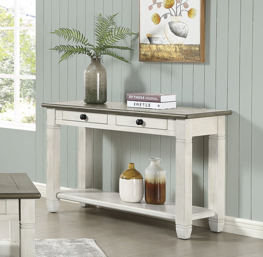 White and gray distressed wood console table with two drawers and lower shelf