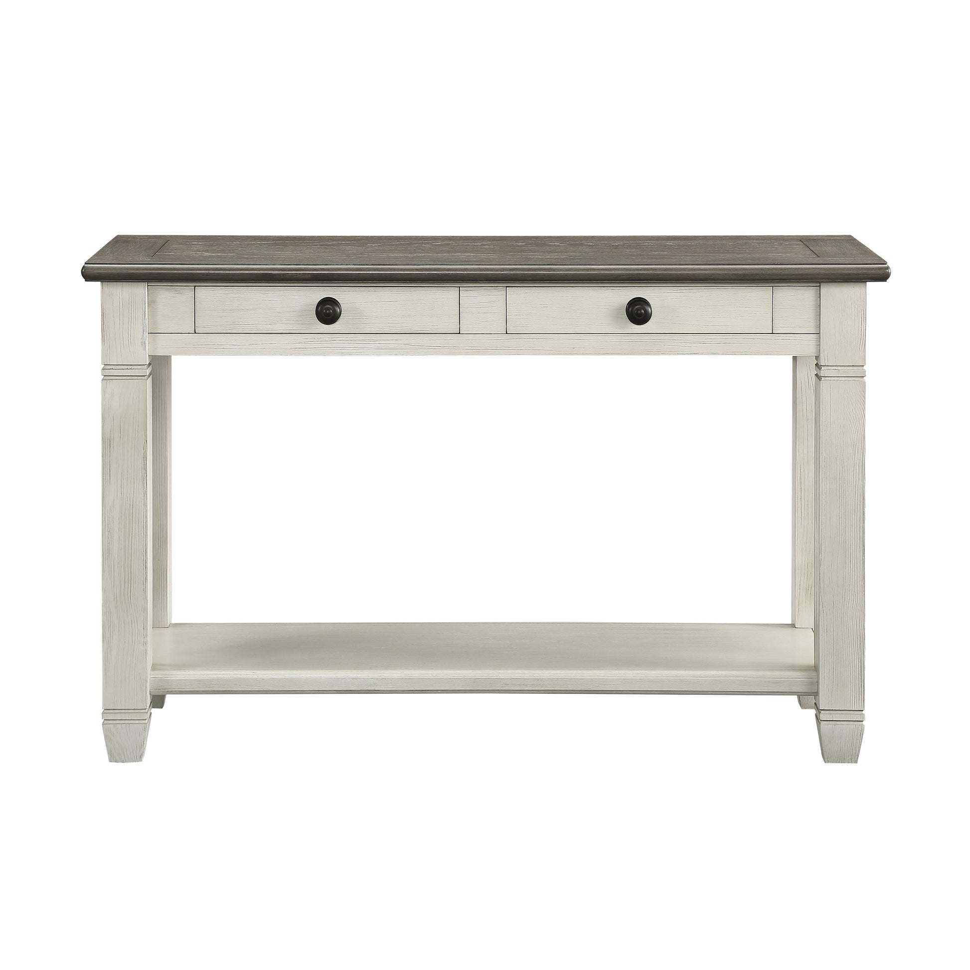 White and grey distressed wood console table with two drawers and a lower shelf