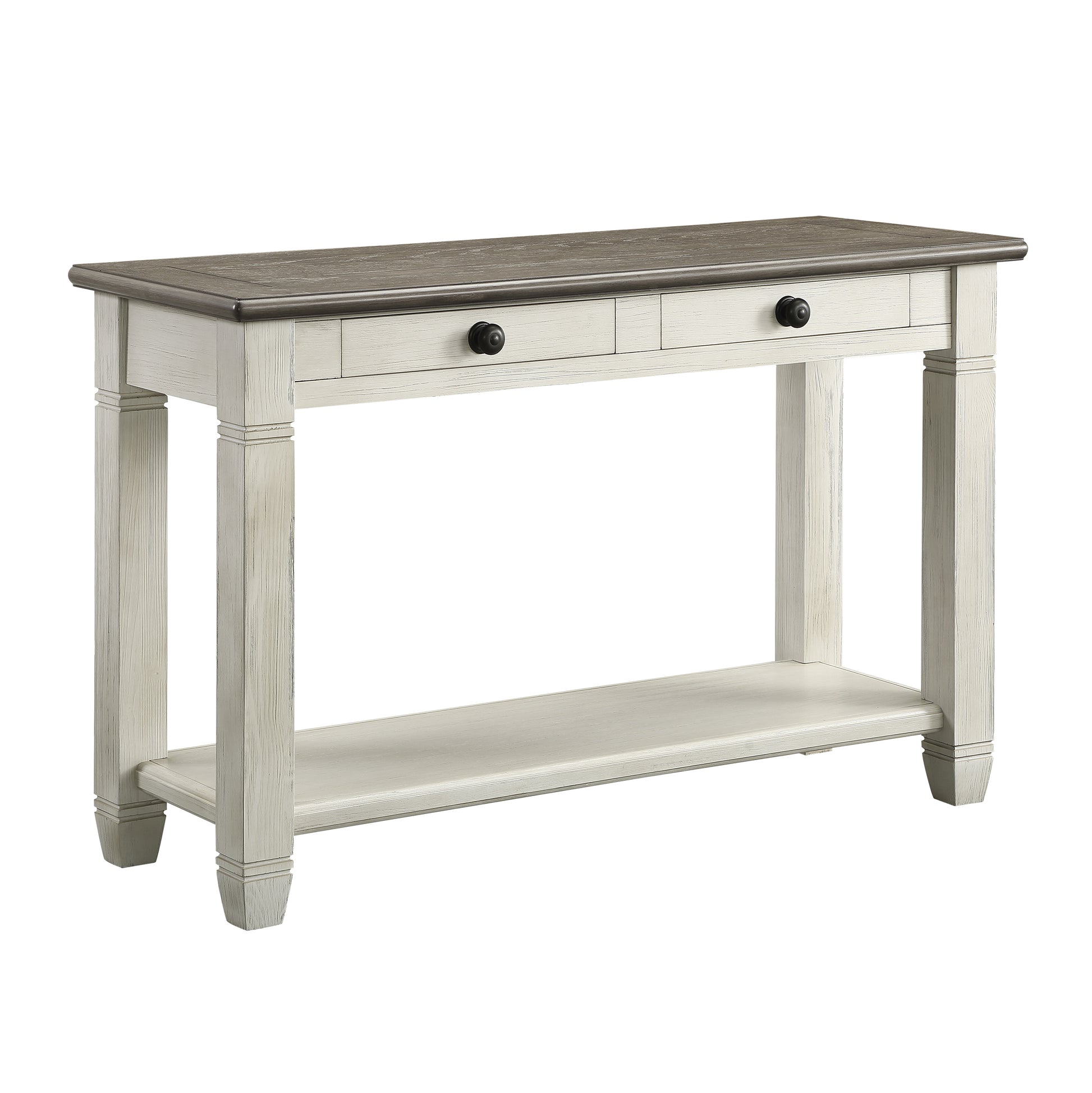 Twodrawer white wood console table with distressed gray top