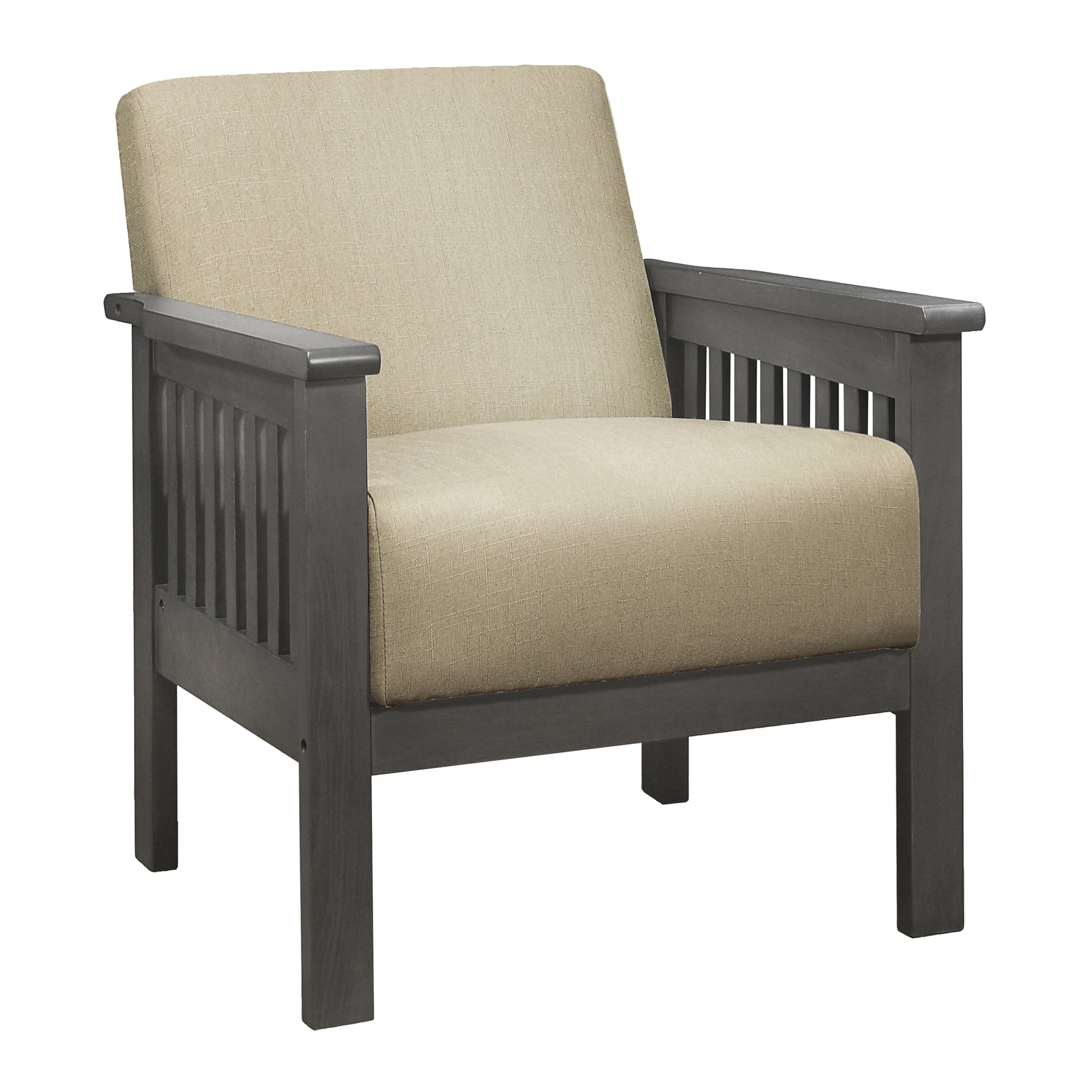 Comfortable beige upholstered armchair with dark gray wooden frame and slatted arms