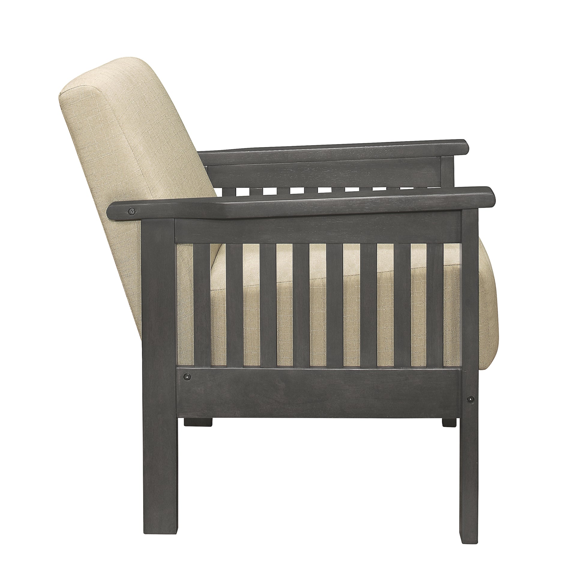 Charcoal grey wooden armchair with beige textured upholstery perfect for a modern living room