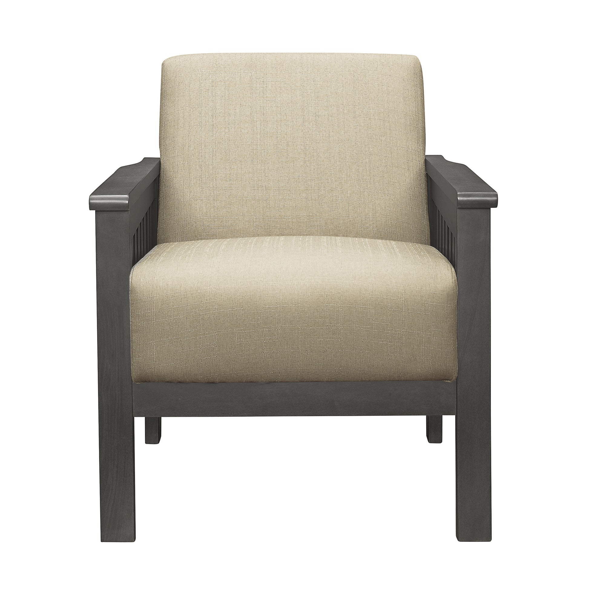 Tan upholstered armchair with dark wood frame and arms for a living room