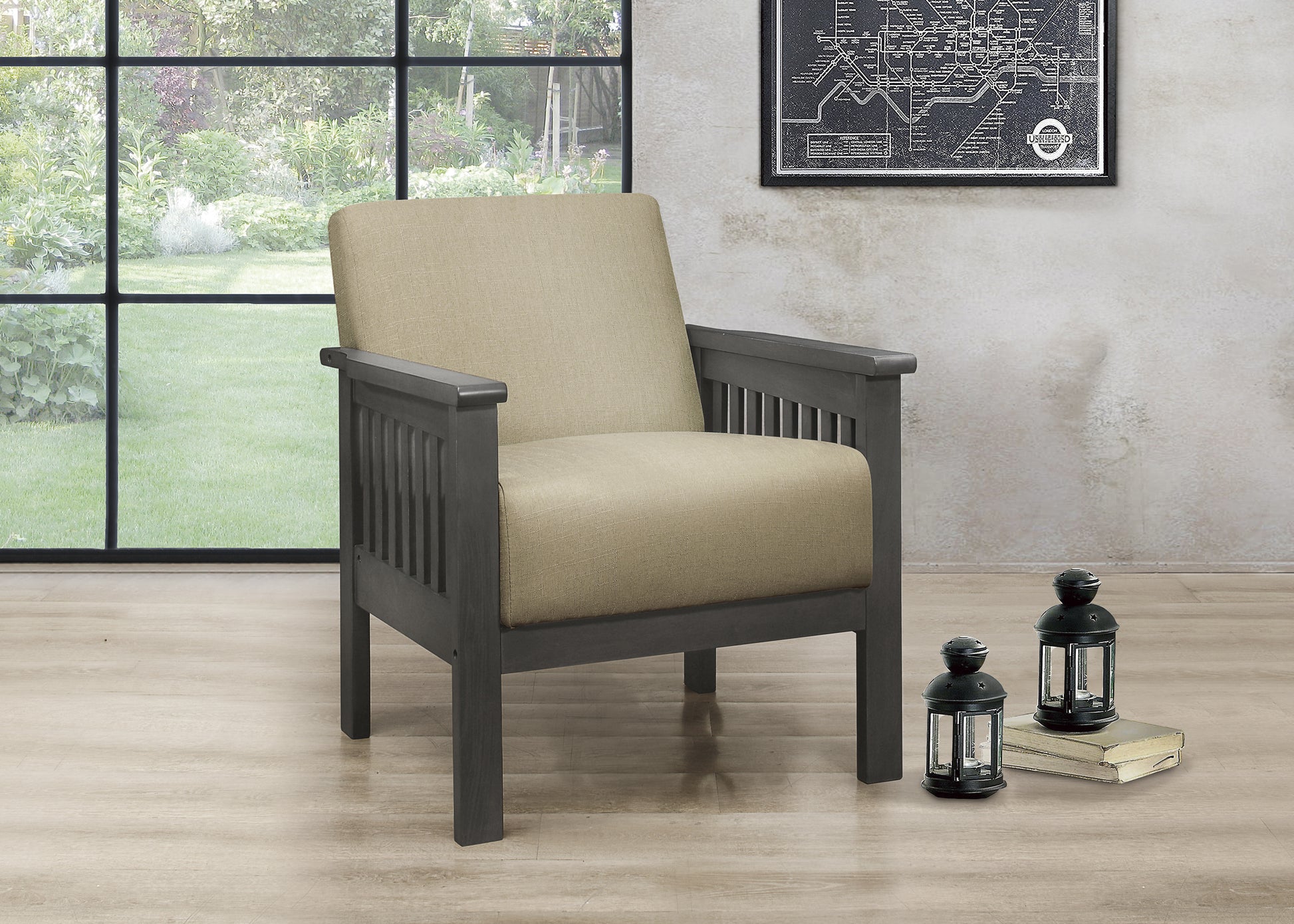Grey mission style armchair with beige fabric upholstery featuring vertical slats