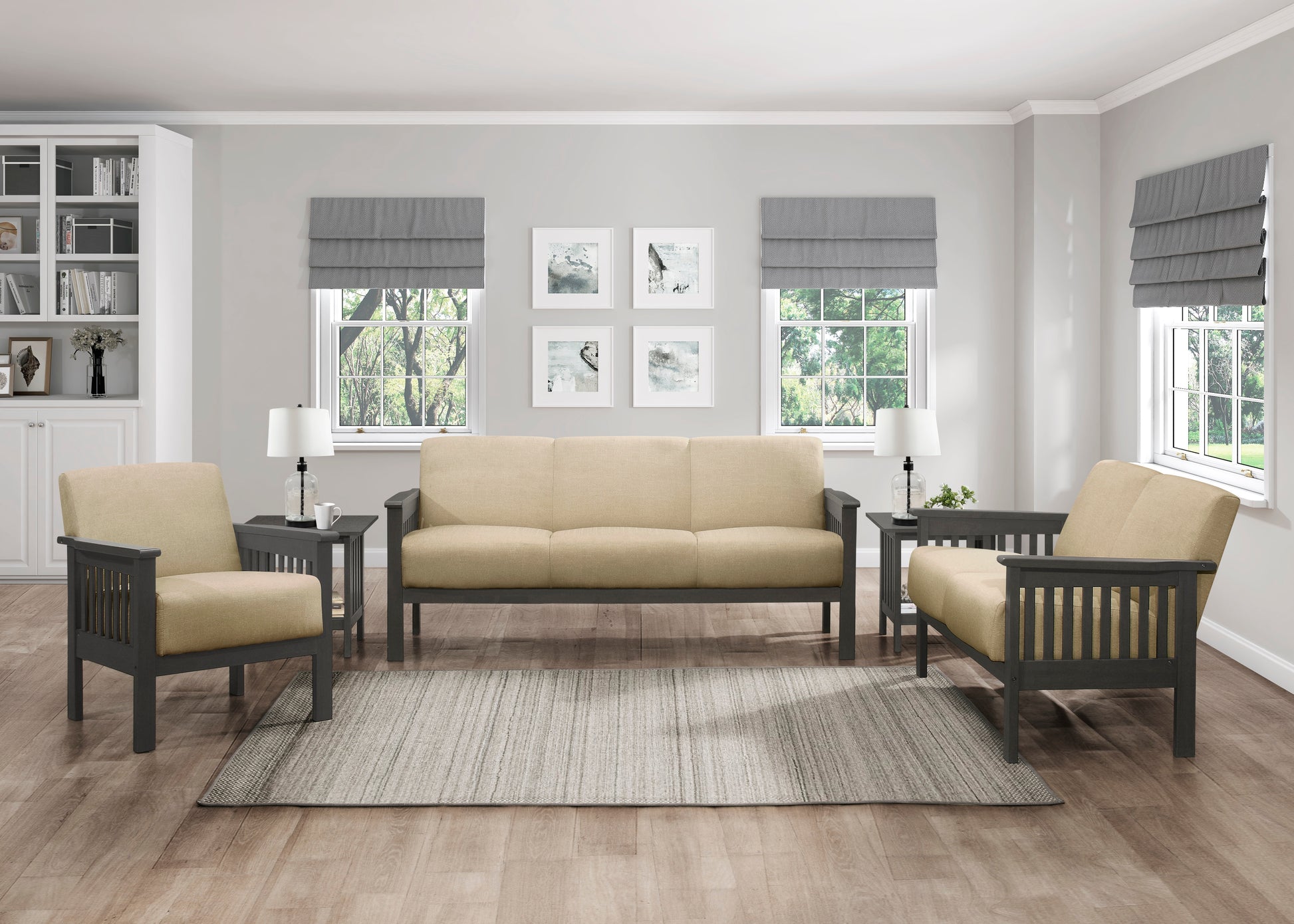 Tan fabric armchair with dark gray wooden frame and slatted arms part of a living room set