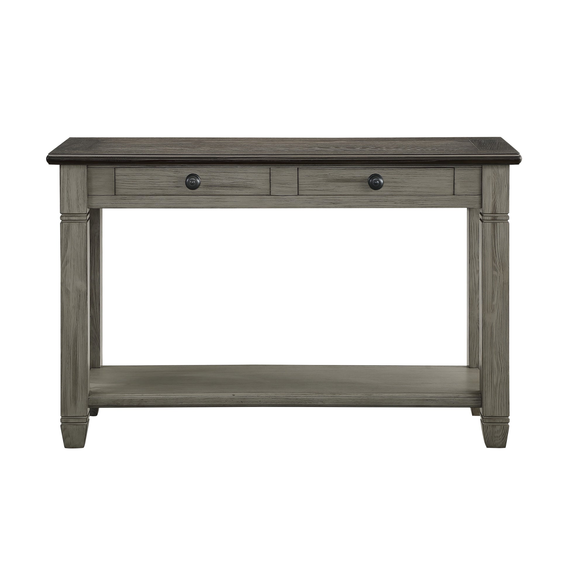 Distressed gray wooden console table with two drawers and lower shelf