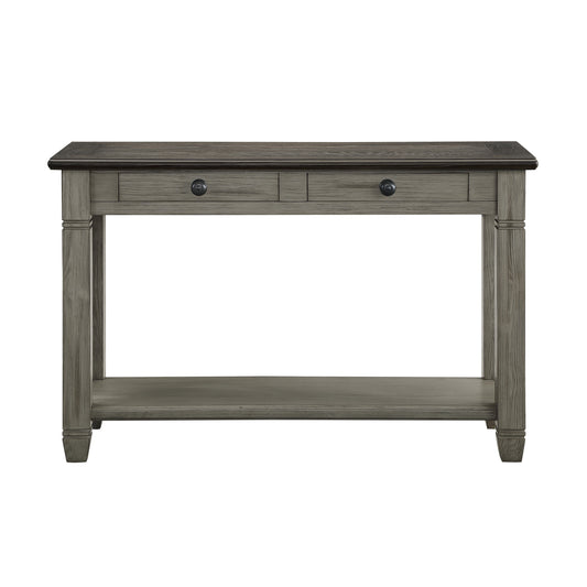 Distressed gray wooden console table with two drawers and lower shelf