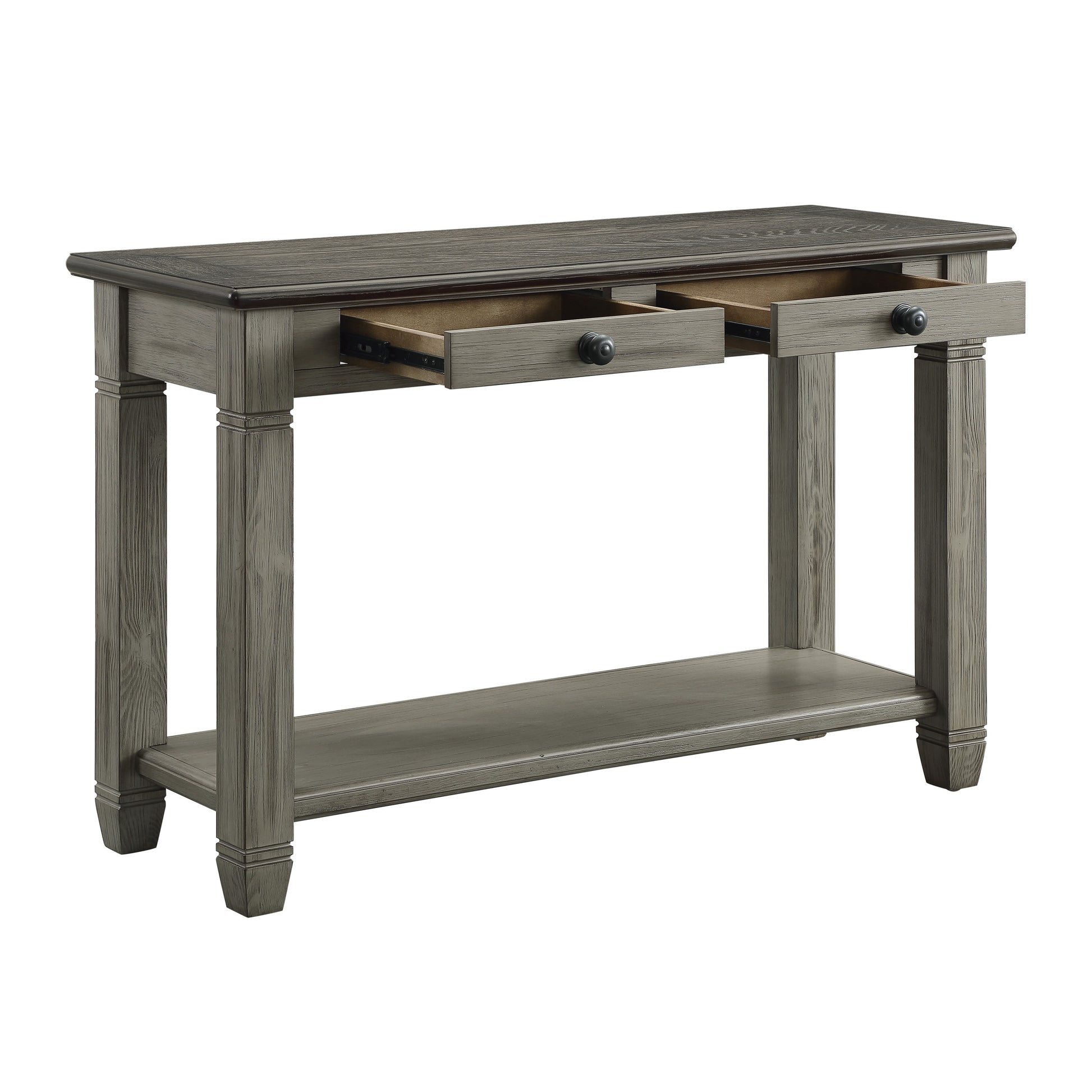 Gray wood console table with two drawers and a lower shelf