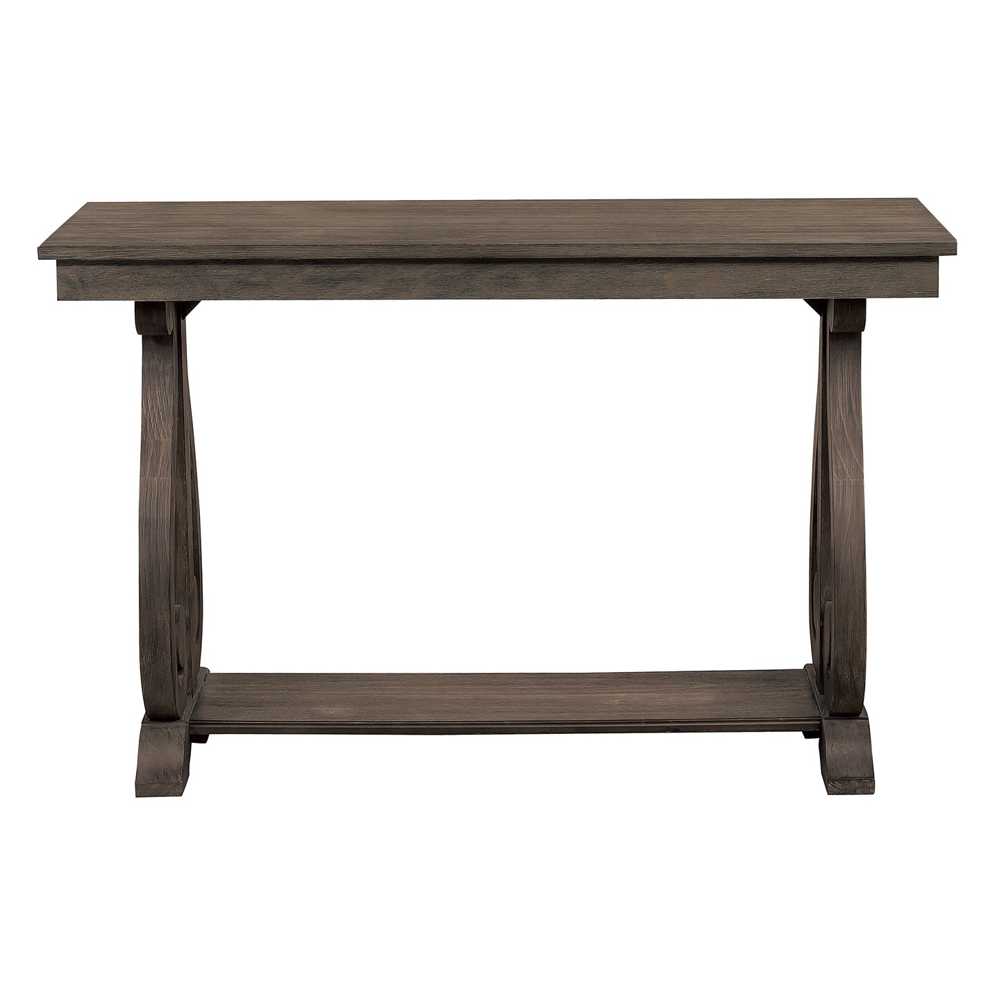 Dark oak console table with carved legs and a lower shelf