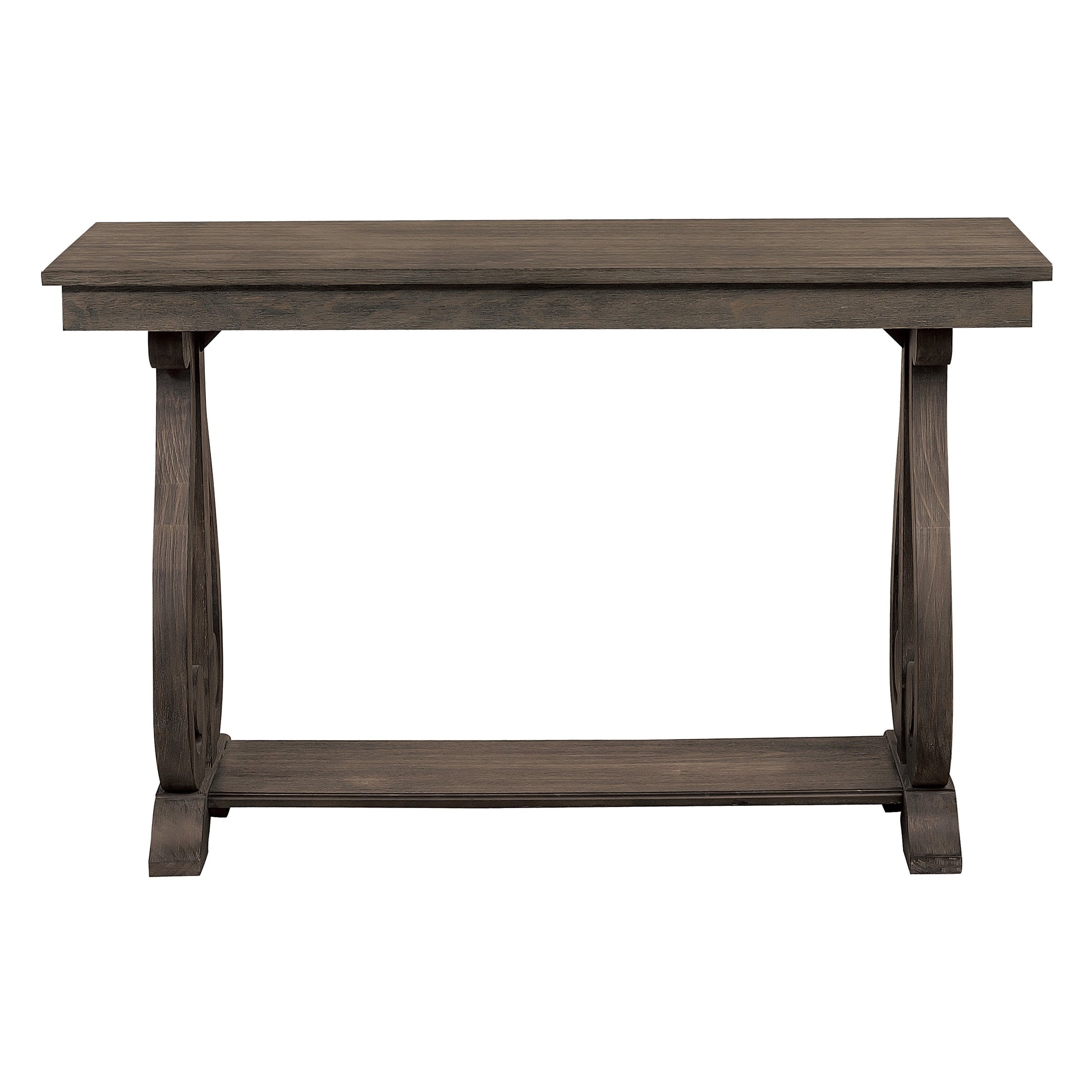 Dark oak console table with carved legs and a lower shelf