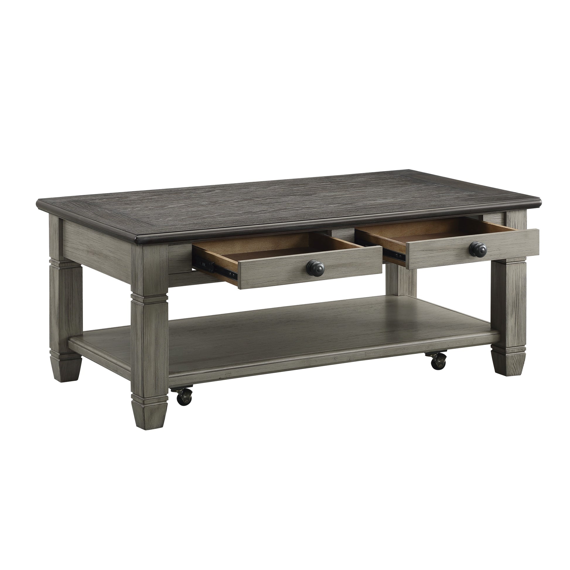 Gray wood coffee table with two drawers open on wheels