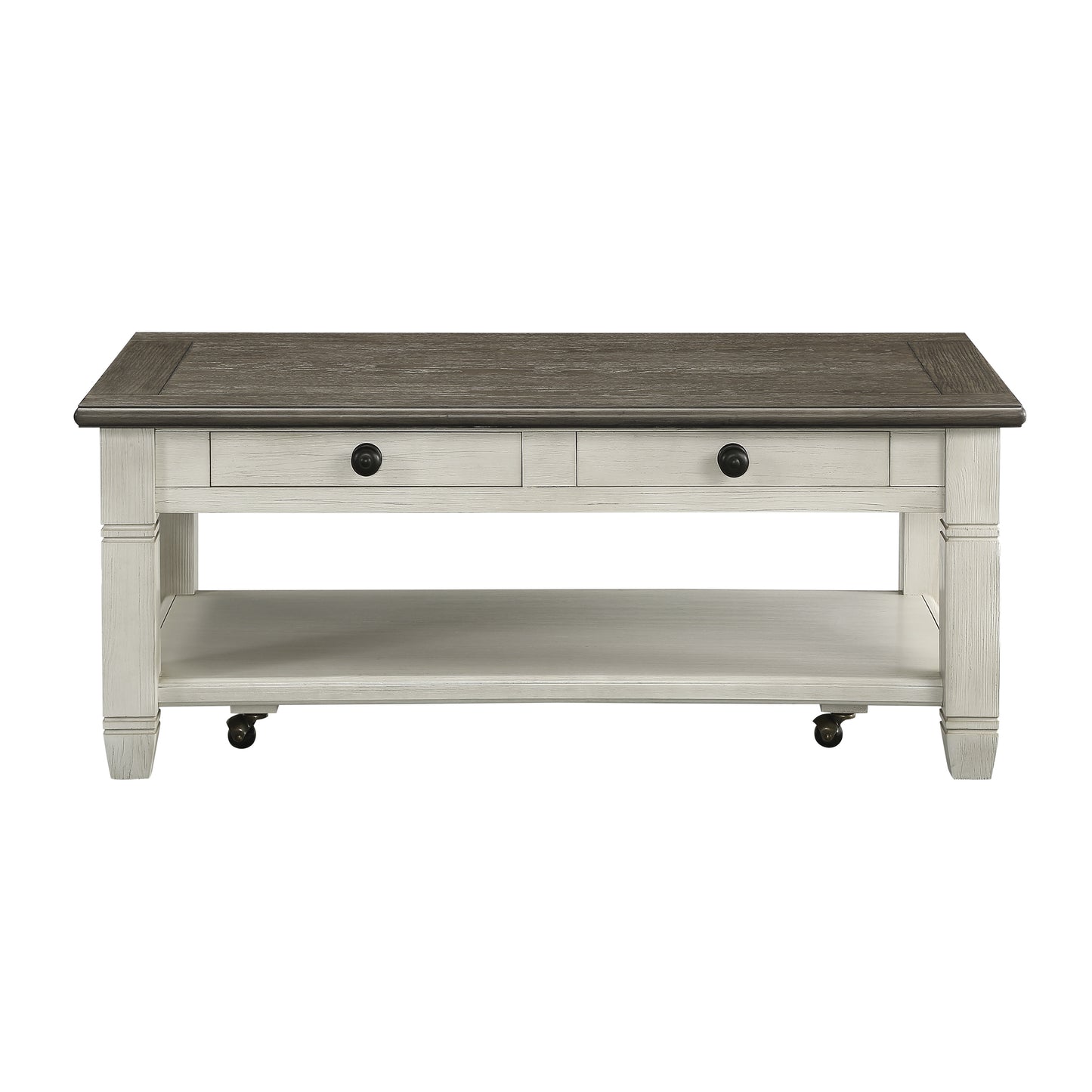 Farmhouse coffee table with distressed white finish wood top two drawers and casters