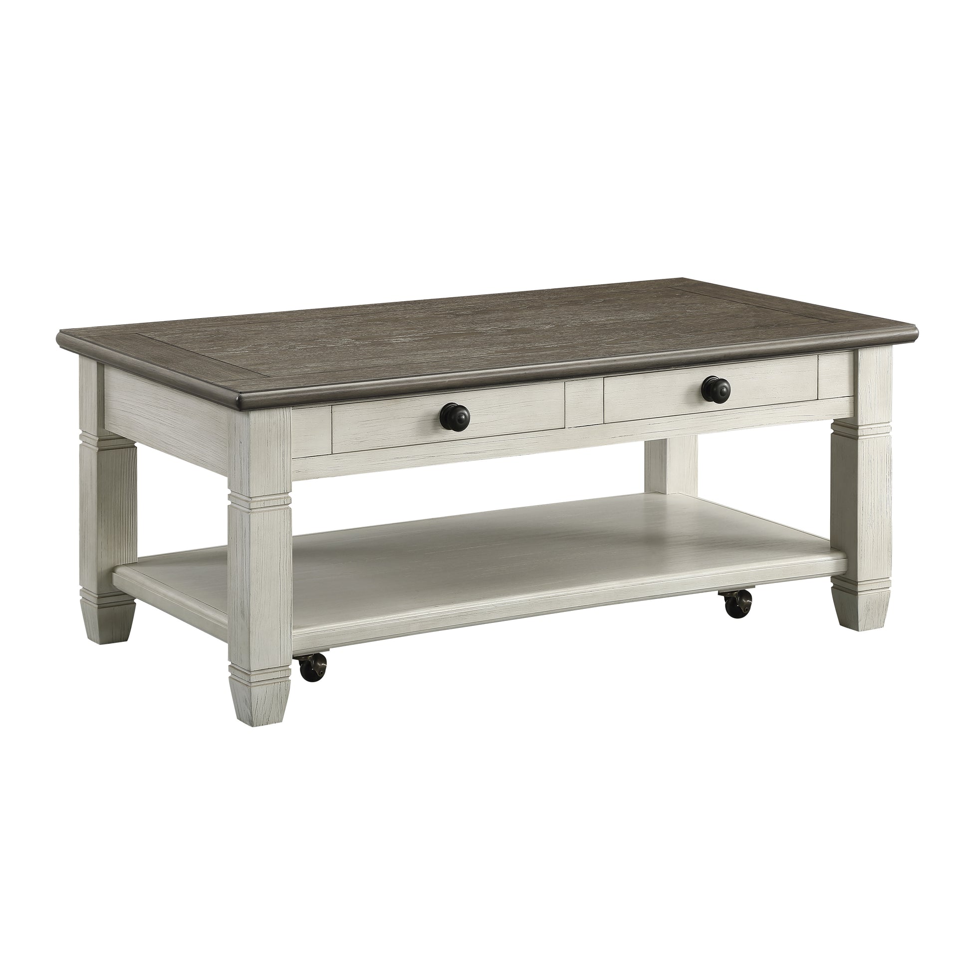 Rustic farmhouse coffee table with distressed white base and grey wood top