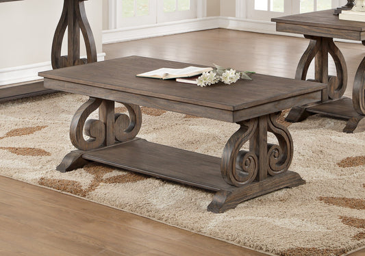 Dark wood coffee table with ornate scroll legs and lower shelf for living room decor
