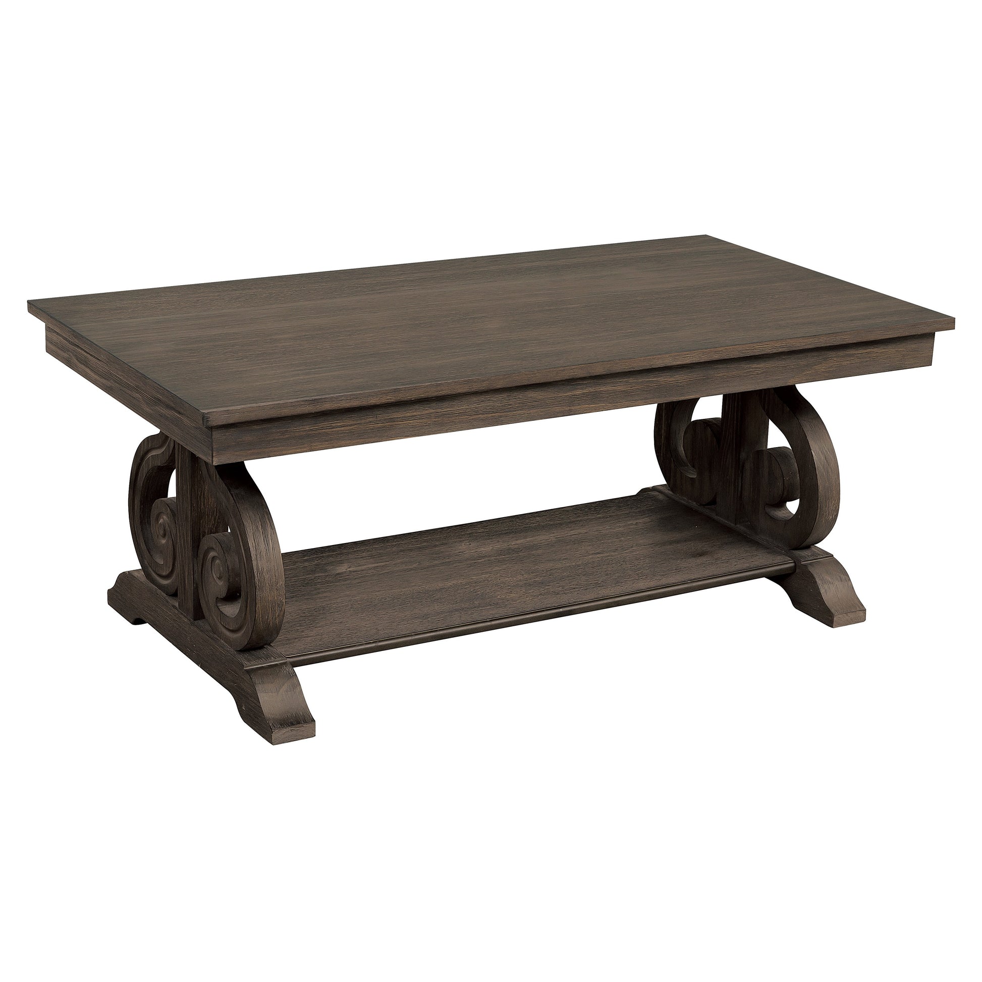 Dark oak wood coffee table with ornate scroll legs and lower shelf