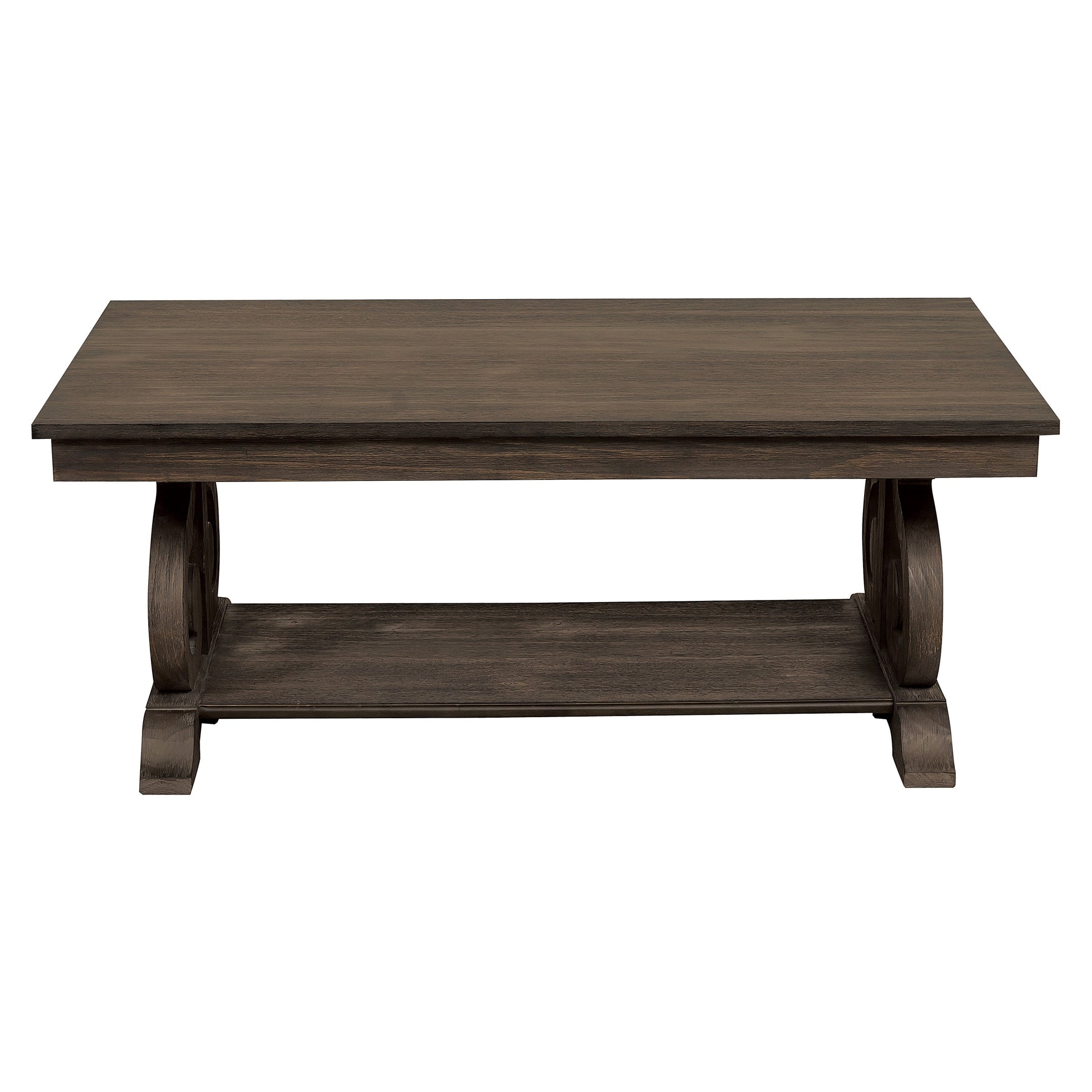 Dark oak wood coffee table with lower shelf and carved legs
